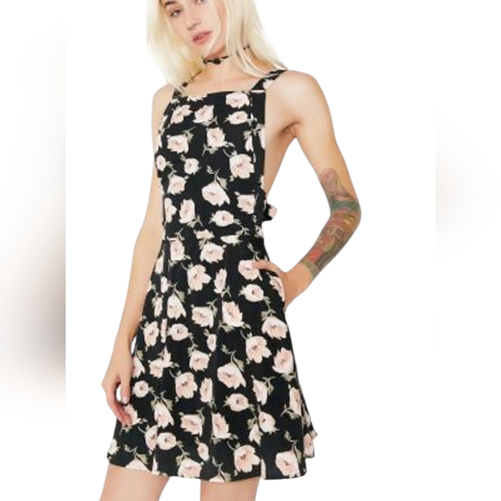 STORIA Black Flower Print Backless Dress Size L Large